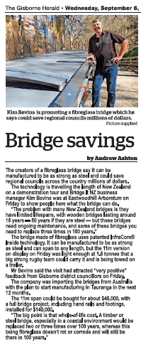 Bridge It NZ Infracore FRP Press Coverage in Gisborne Herald (reproduced with permission)